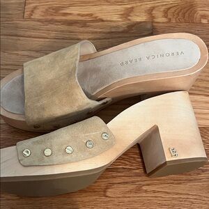 Veronica Beard Beige Mules with Gold Accents